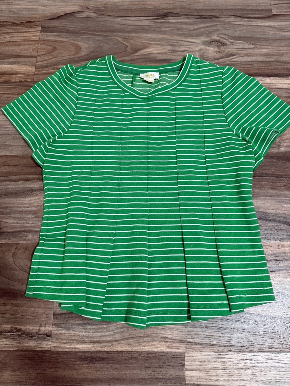 Maeve Anthro Women’s S Green White Striped Peplum Top Puff Sleeve Top